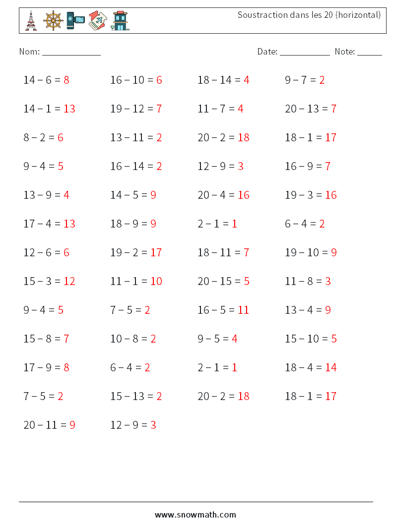 (50) Soustraction dans les 20 (horizontal) Fiches d'Exercices de Mathématiques 8 Question, Réponse