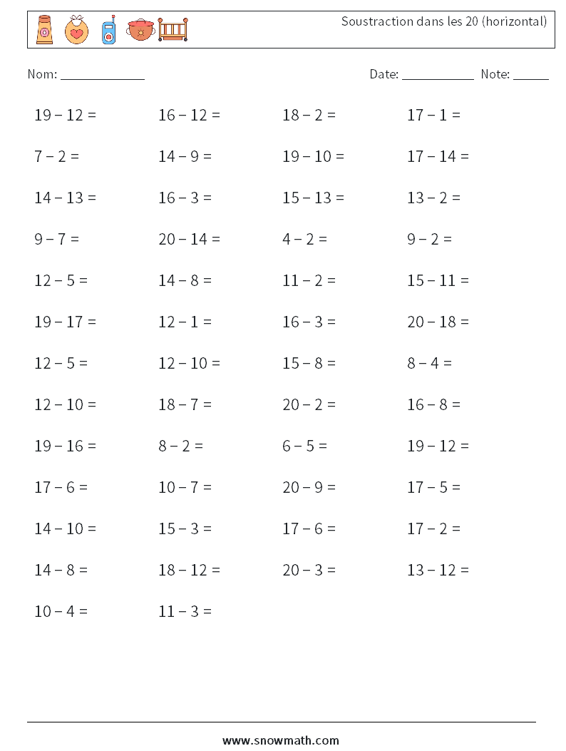 (50) Soustraction dans les 20 (horizontal) Fiches d'Exercices de Mathématiques 9