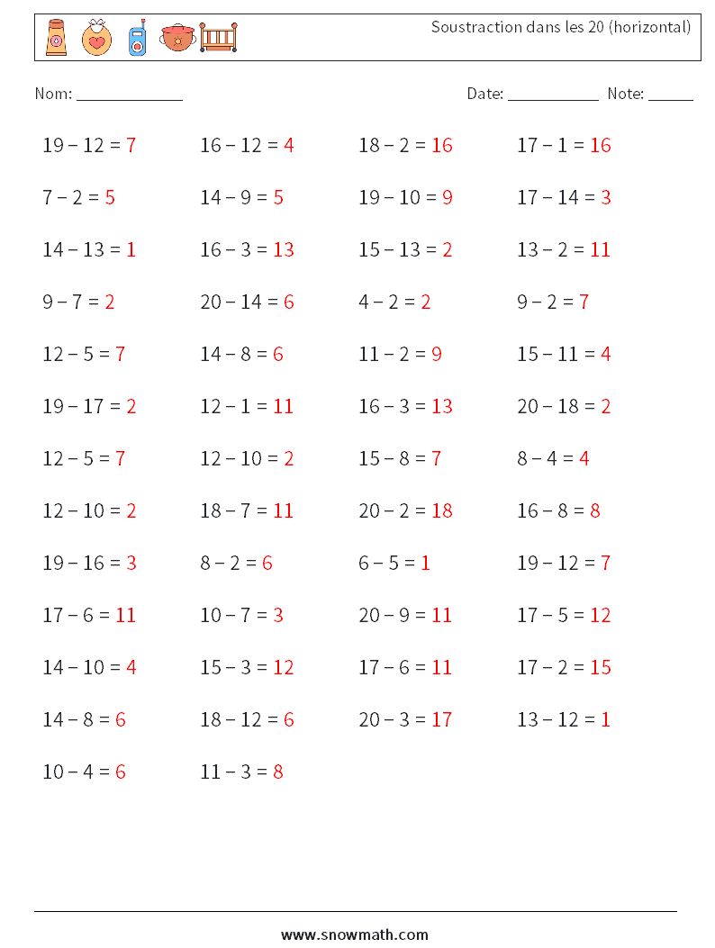 (50) Soustraction dans les 20 (horizontal) Fiches d'Exercices de Mathématiques 9 Question, Réponse