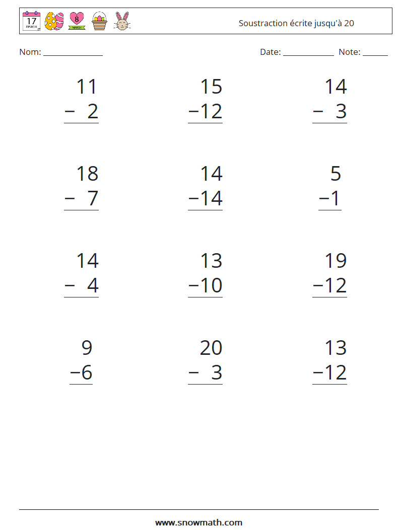 (12) Soustraction écrite jusqu'à 20 Fiches d'Exercices de Mathématiques 10