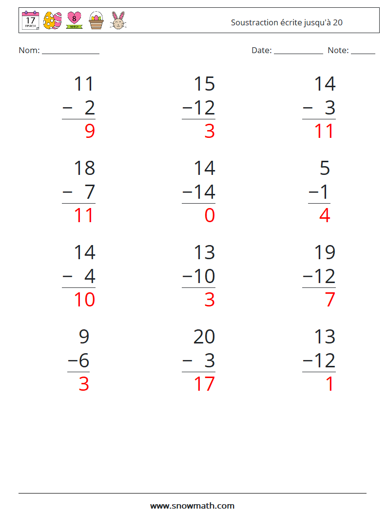 (12) Soustraction écrite jusqu'à 20 Fiches d'Exercices de Mathématiques 10 Question, Réponse