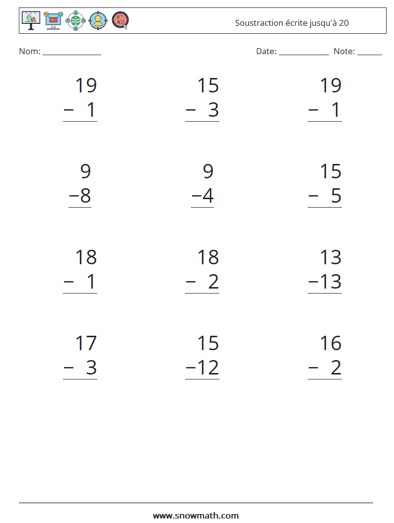 (12) Soustraction écrite jusqu'à 20 Fiches d'Exercices de Mathématiques 11
