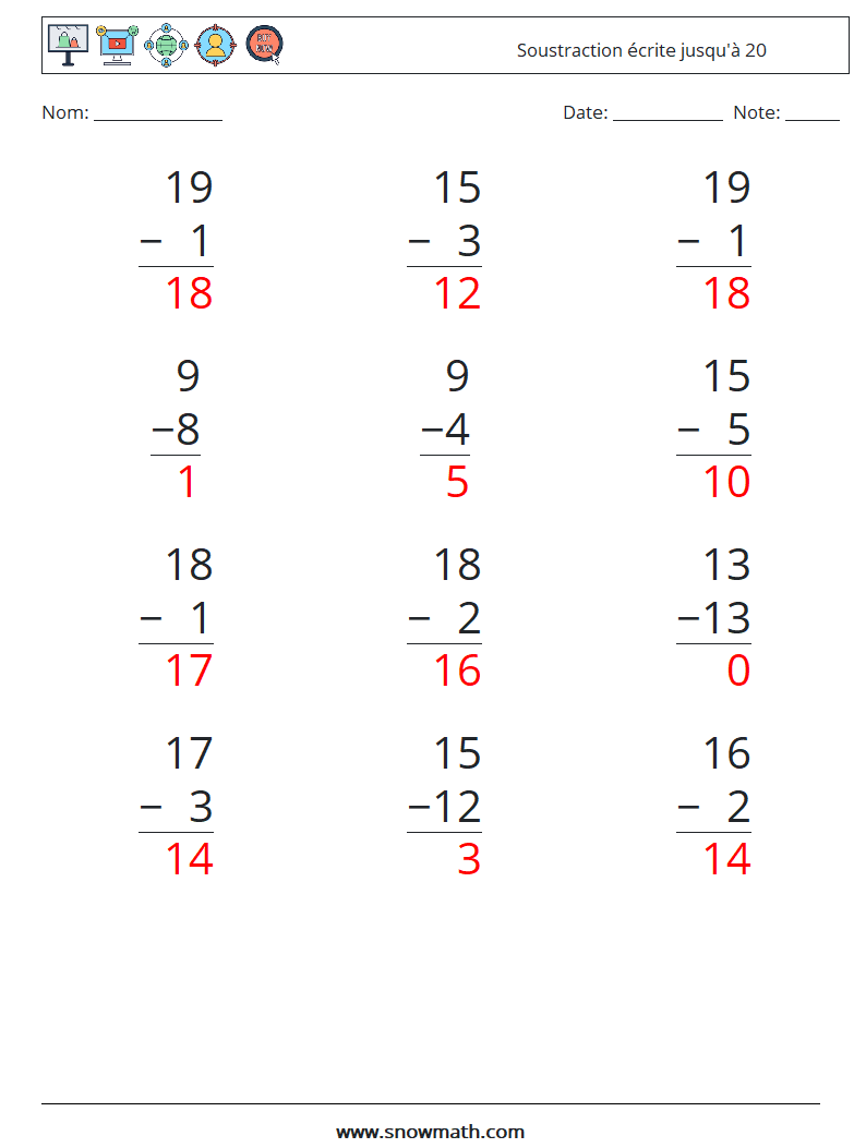 (12) Soustraction écrite jusqu'à 20 Fiches d'Exercices de Mathématiques 11 Question, Réponse