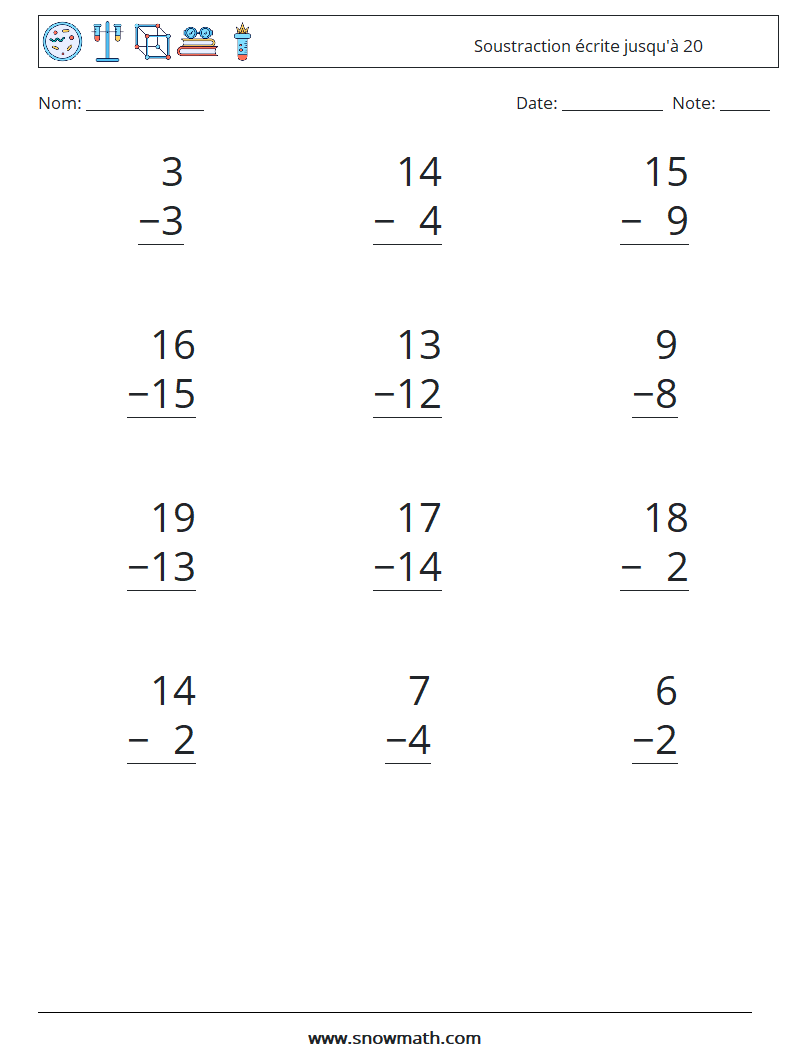 (12) Soustraction écrite jusqu'à 20 Fiches d'Exercices de Mathématiques 12
