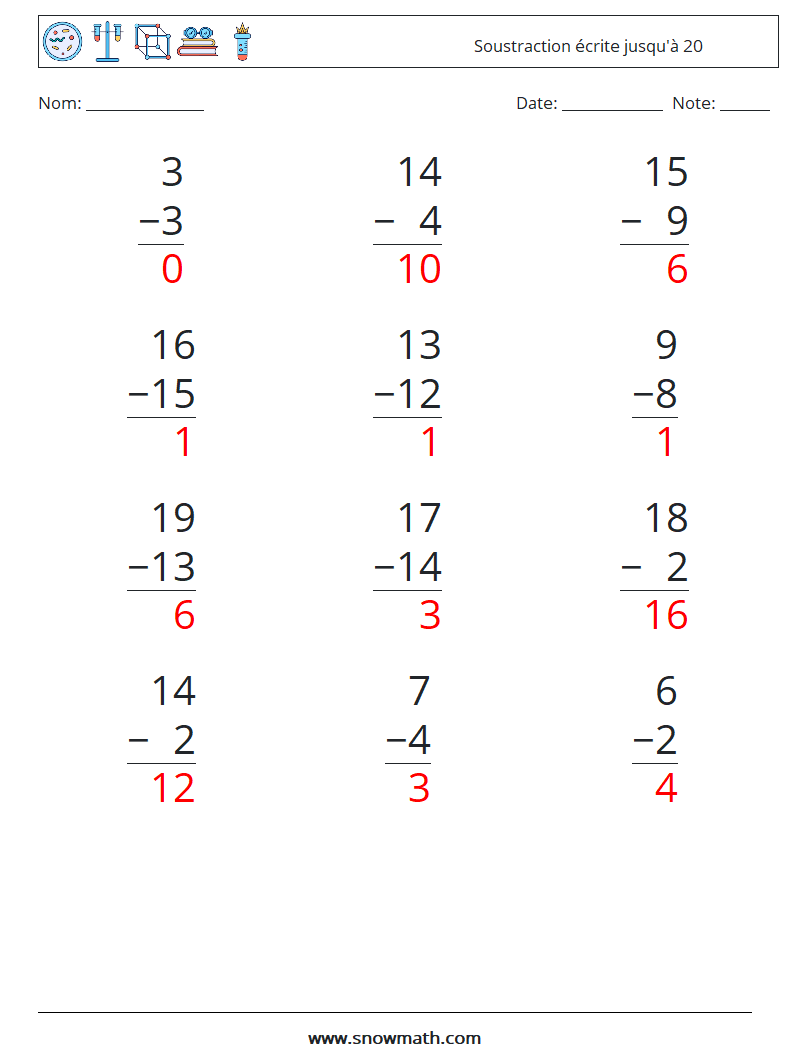 (12) Soustraction écrite jusqu'à 20 Fiches d'Exercices de Mathématiques 12 Question, Réponse