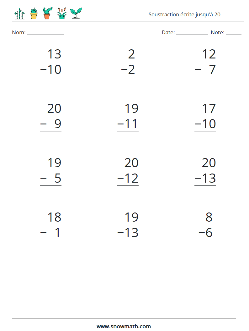 (12) Soustraction écrite jusqu'à 20 Fiches d'Exercices de Mathématiques 13