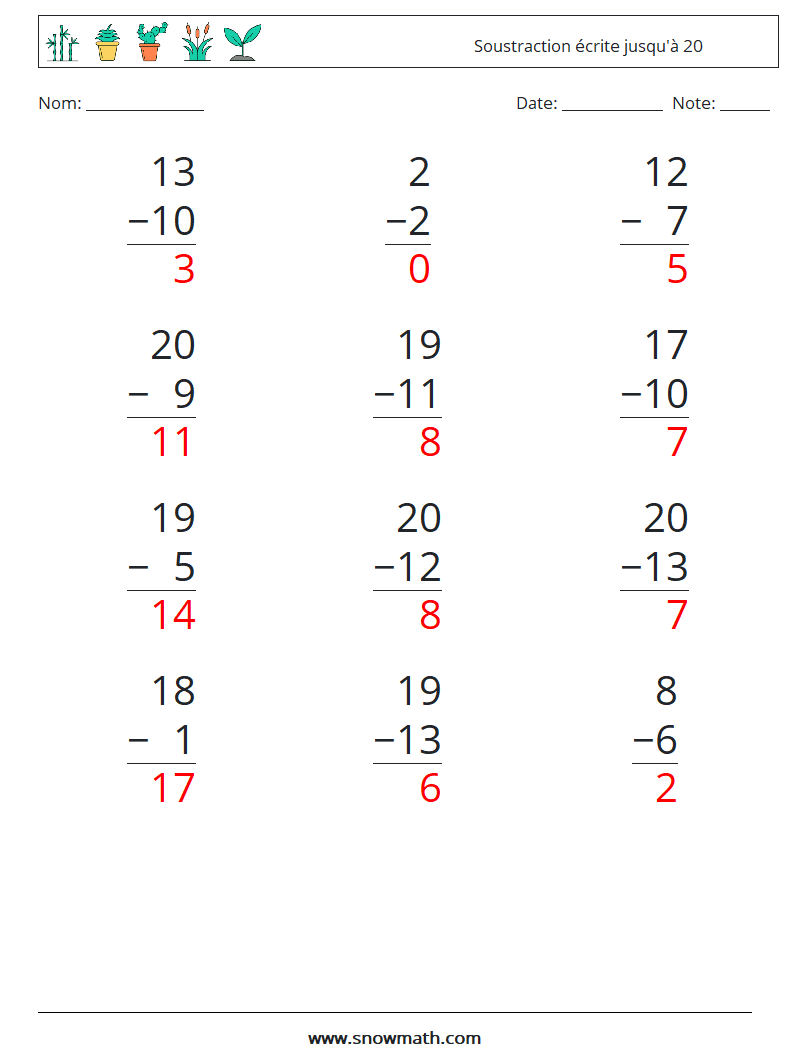 (12) Soustraction écrite jusqu'à 20 Fiches d'Exercices de Mathématiques 13 Question, Réponse