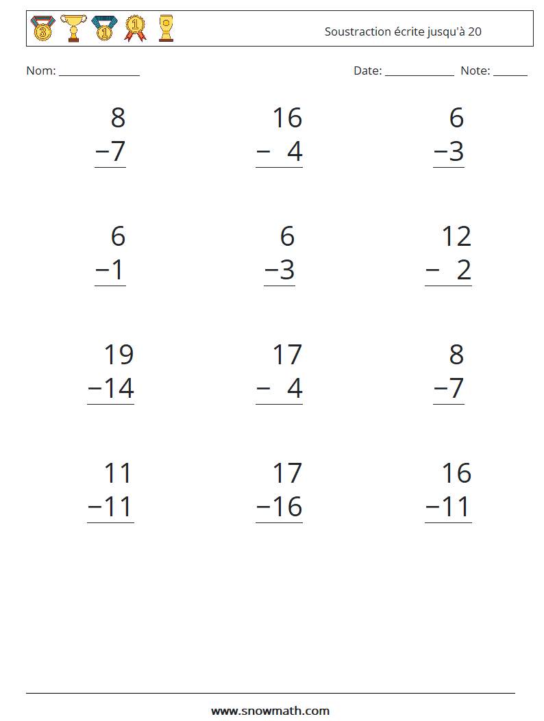 (12) Soustraction écrite jusqu'à 20 Fiches d'Exercices de Mathématiques 14