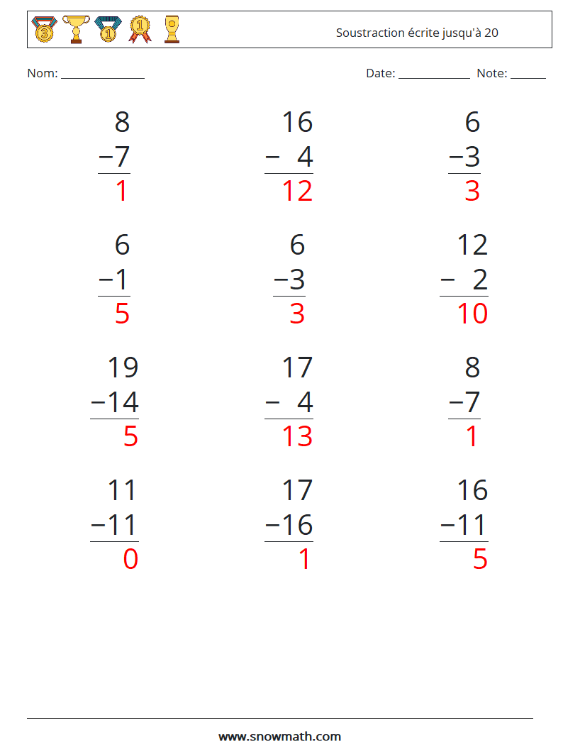 (12) Soustraction écrite jusqu'à 20 Fiches d'Exercices de Mathématiques 14 Question, Réponse