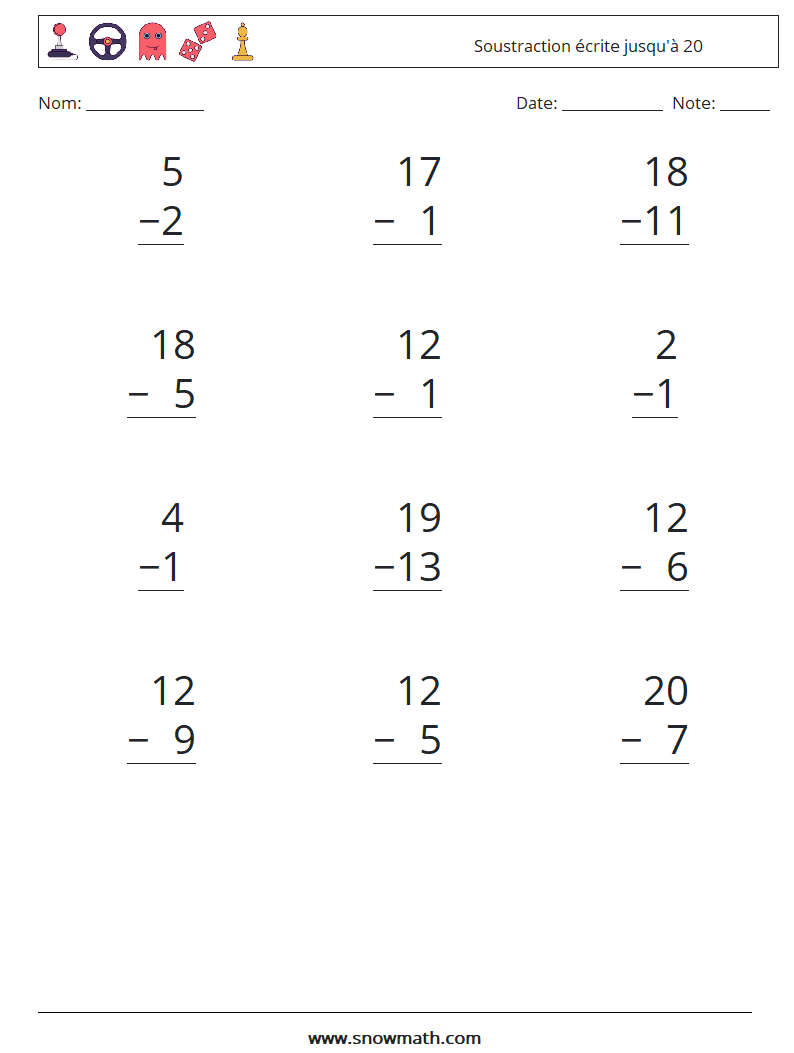 (12) Soustraction écrite jusqu'à 20 Fiches d'Exercices de Mathématiques 15