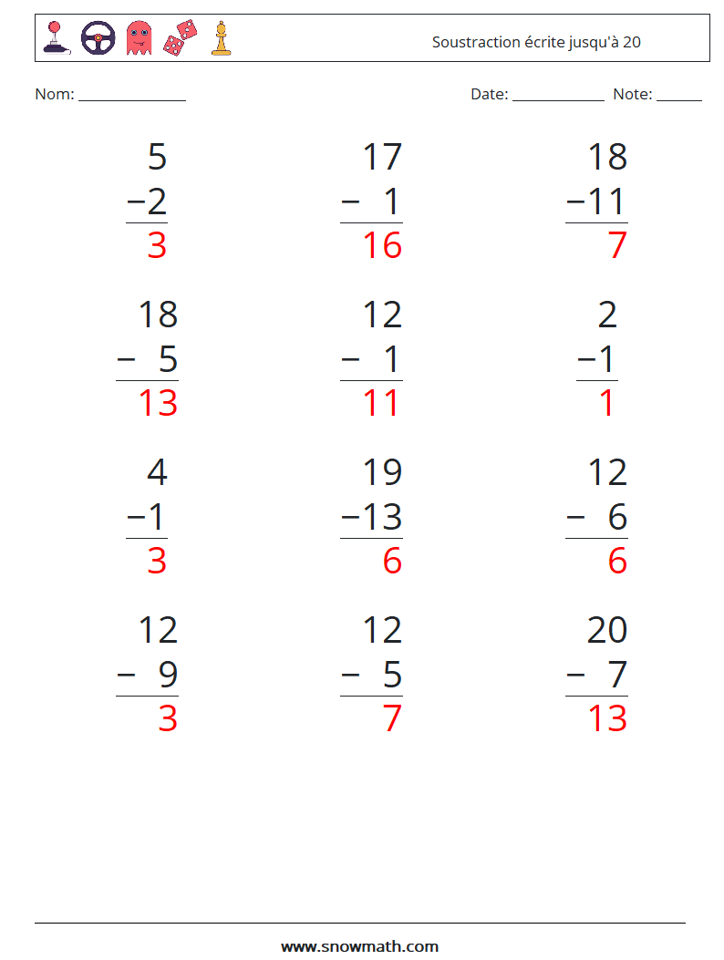 (12) Soustraction écrite jusqu'à 20 Fiches d'Exercices de Mathématiques 15 Question, Réponse
