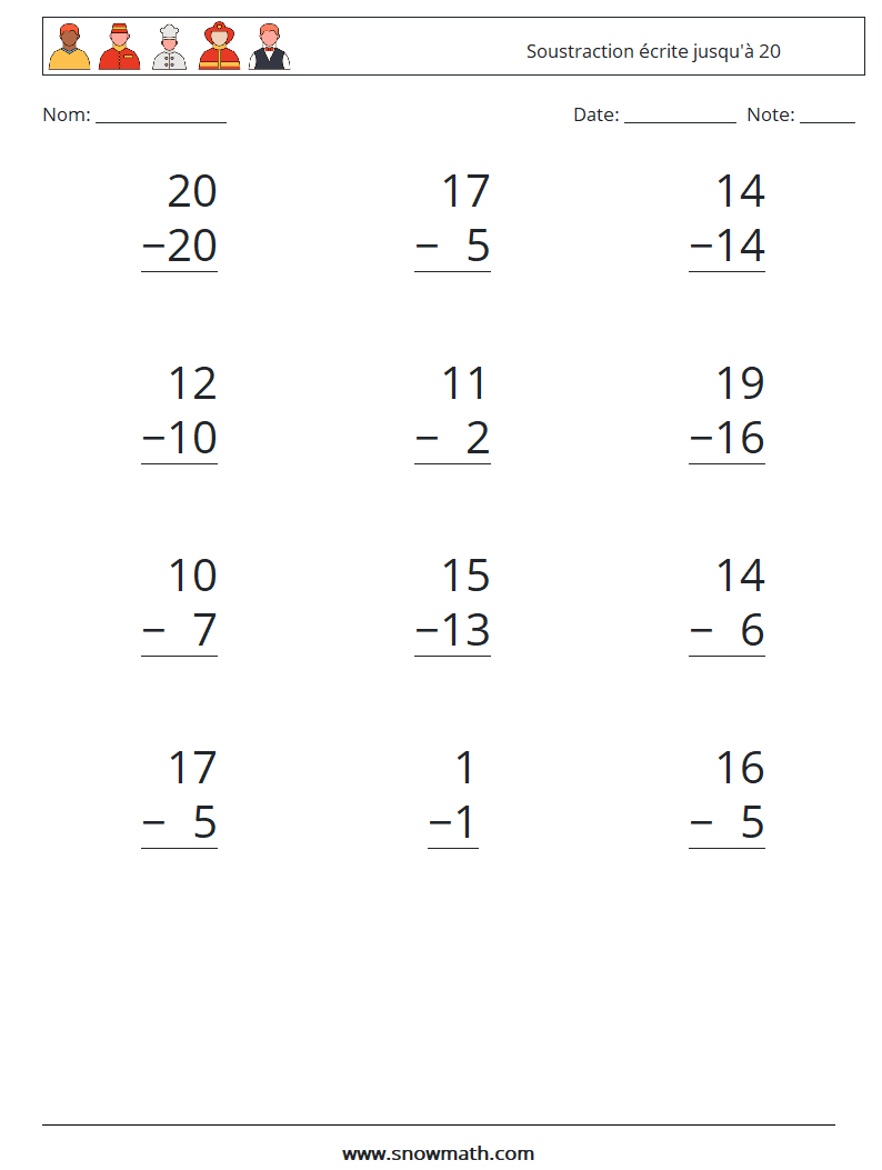 (12) Soustraction écrite jusqu'à 20 Fiches d'Exercices de Mathématiques 16