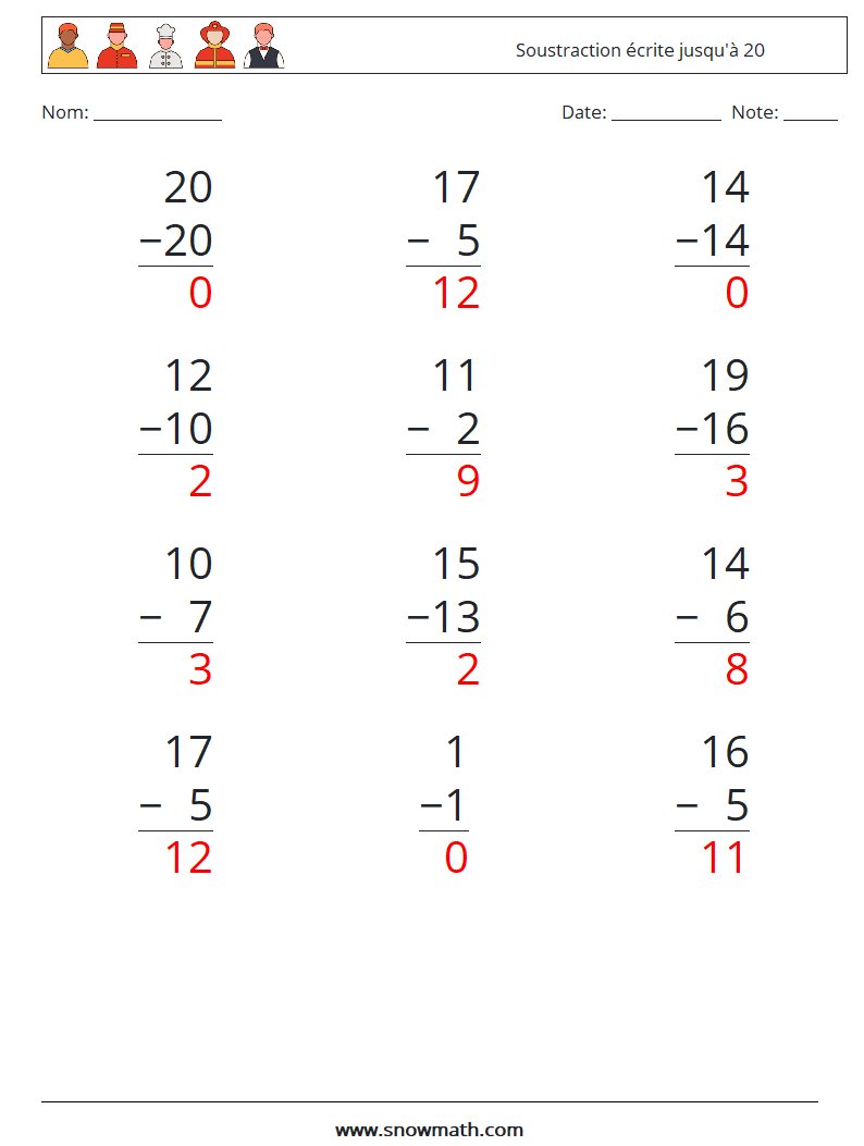 (12) Soustraction écrite jusqu'à 20 Fiches d'Exercices de Mathématiques 16 Question, Réponse
