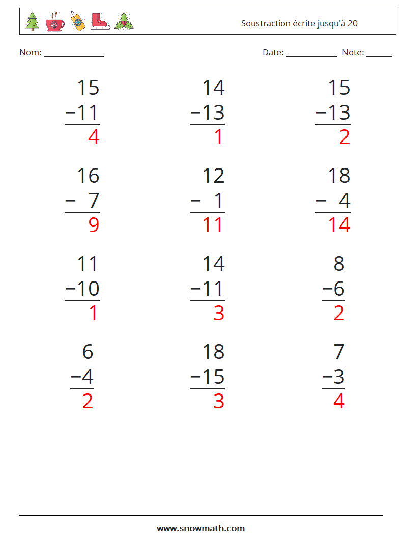 (12) Soustraction écrite jusqu'à 20 Fiches d'Exercices de Mathématiques 17 Question, Réponse