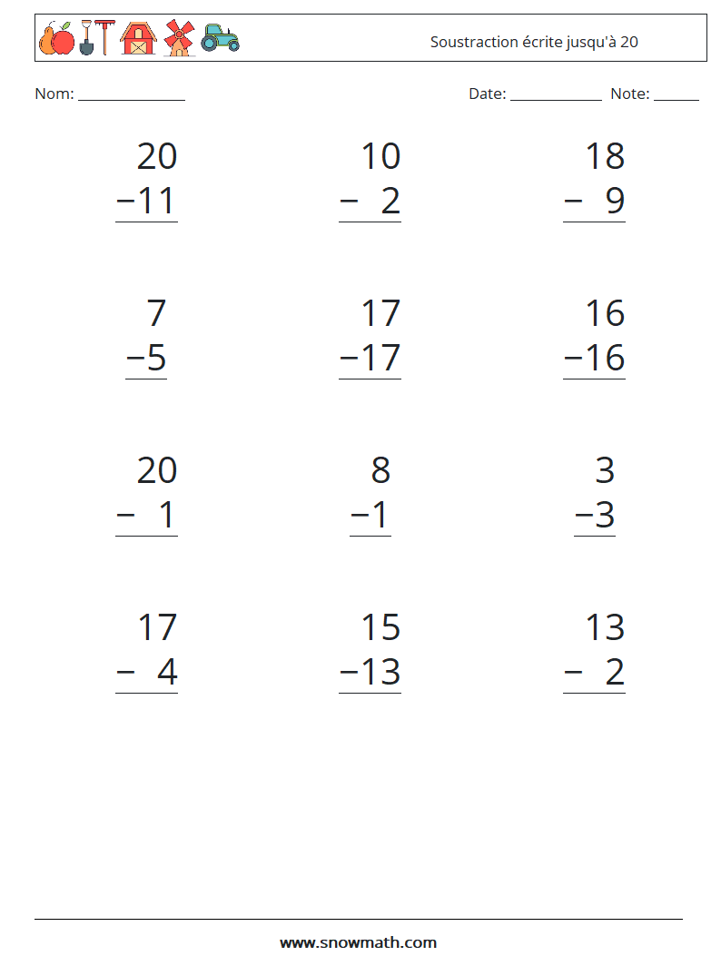 (12) Soustraction écrite jusqu'à 20 Fiches d'Exercices de Mathématiques 18