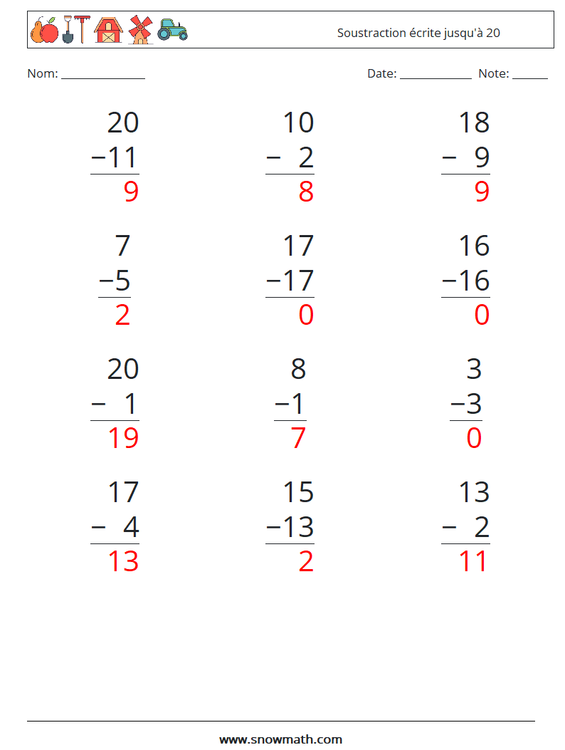 (12) Soustraction écrite jusqu'à 20 Fiches d'Exercices de Mathématiques 18 Question, Réponse