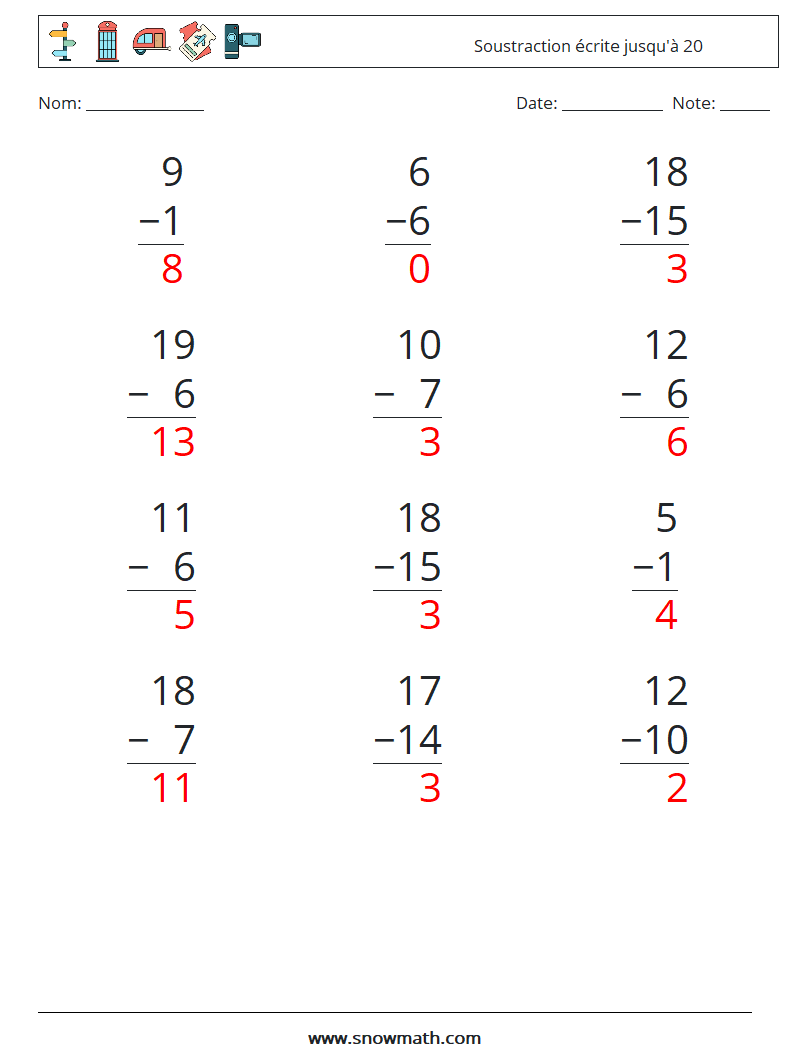 (12) Soustraction écrite jusqu'à 20 Fiches d'Exercices de Mathématiques 1 Question, Réponse