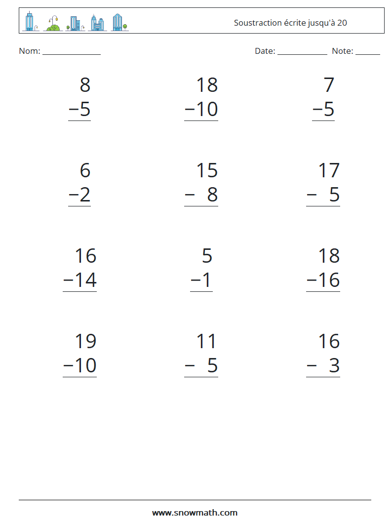 (12) Soustraction écrite jusqu'à 20 Fiches d'Exercices de Mathématiques 2