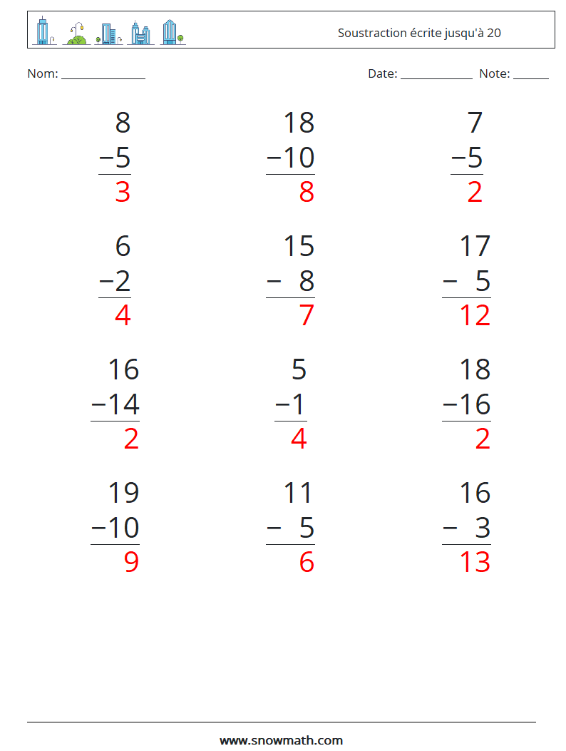 (12) Soustraction écrite jusqu'à 20 Fiches d'Exercices de Mathématiques 2 Question, Réponse