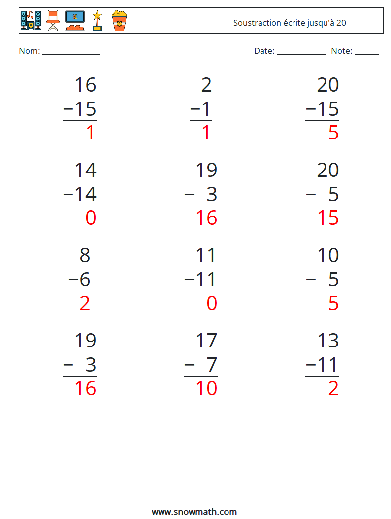 (12) Soustraction écrite jusqu'à 20 Fiches d'Exercices de Mathématiques 3 Question, Réponse