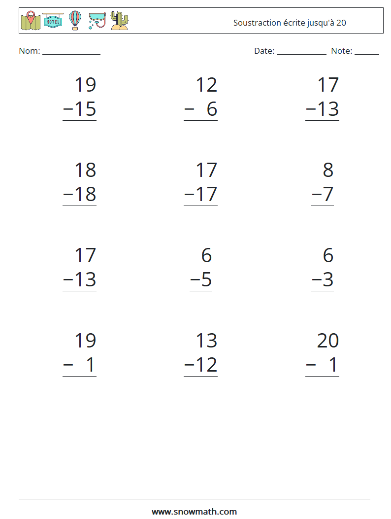 (12) Soustraction écrite jusqu'à 20 Fiches d'Exercices de Mathématiques 5