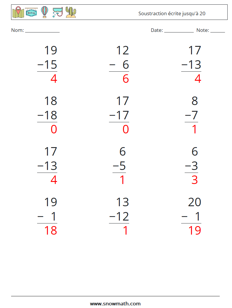 (12) Soustraction écrite jusqu'à 20 Fiches d'Exercices de Mathématiques 5 Question, Réponse
