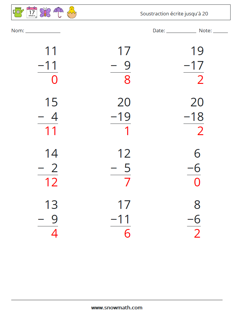 (12) Soustraction écrite jusqu'à 20 Fiches d'Exercices de Mathématiques 6 Question, Réponse