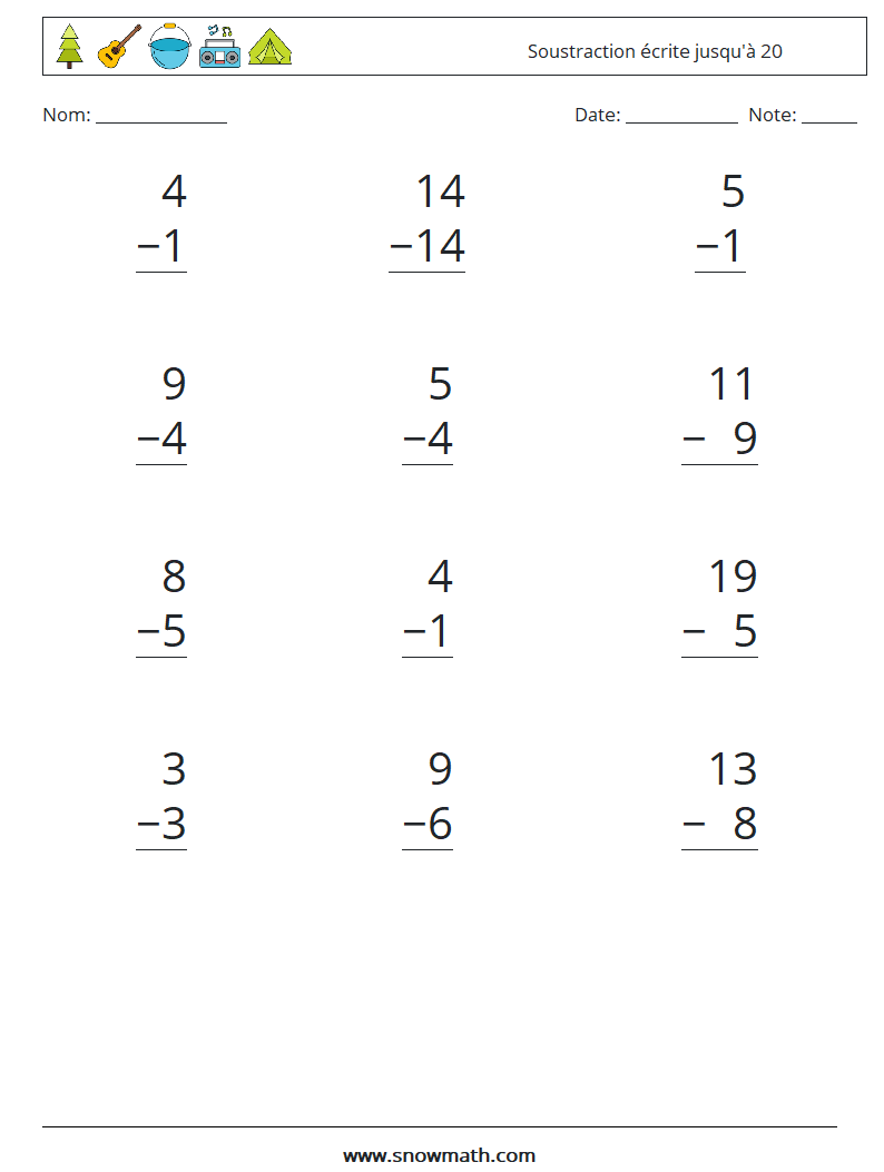 (12) Soustraction écrite jusqu'à 20 Fiches d'Exercices de Mathématiques 7