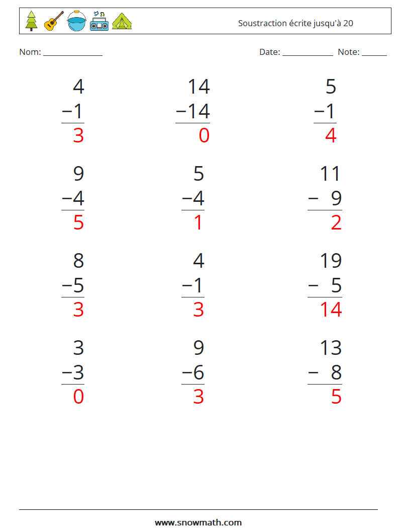 (12) Soustraction écrite jusqu'à 20 Fiches d'Exercices de Mathématiques 7 Question, Réponse