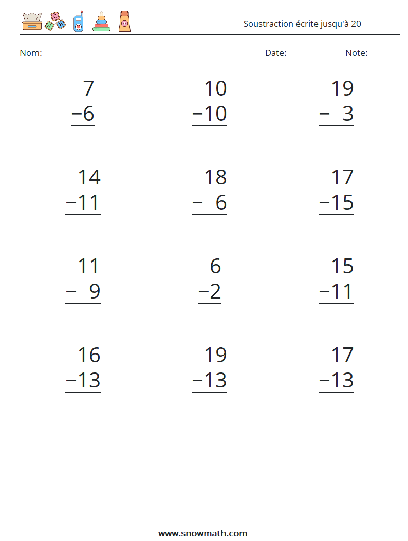(12) Soustraction écrite jusqu'à 20 Fiches d'Exercices de Mathématiques 8