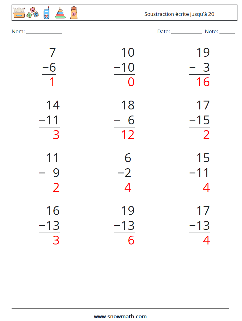 (12) Soustraction écrite jusqu'à 20 Fiches d'Exercices de Mathématiques 8 Question, Réponse