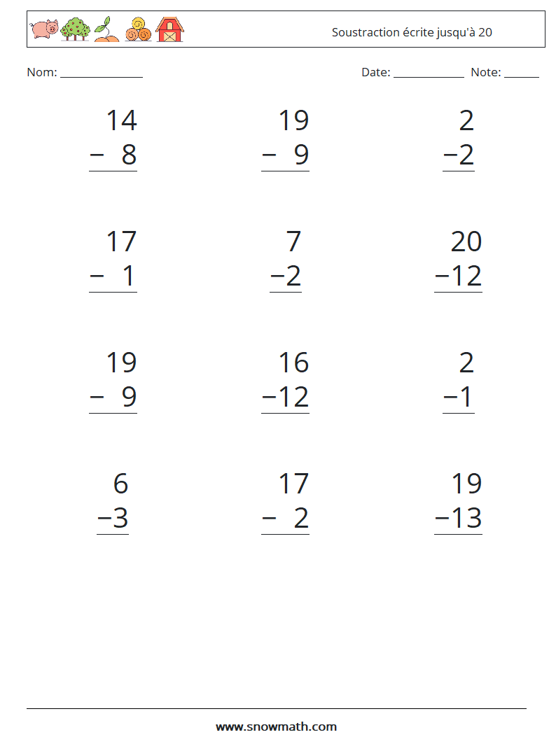 (12) Soustraction écrite jusqu'à 20 Fiches d'Exercices de Mathématiques 9