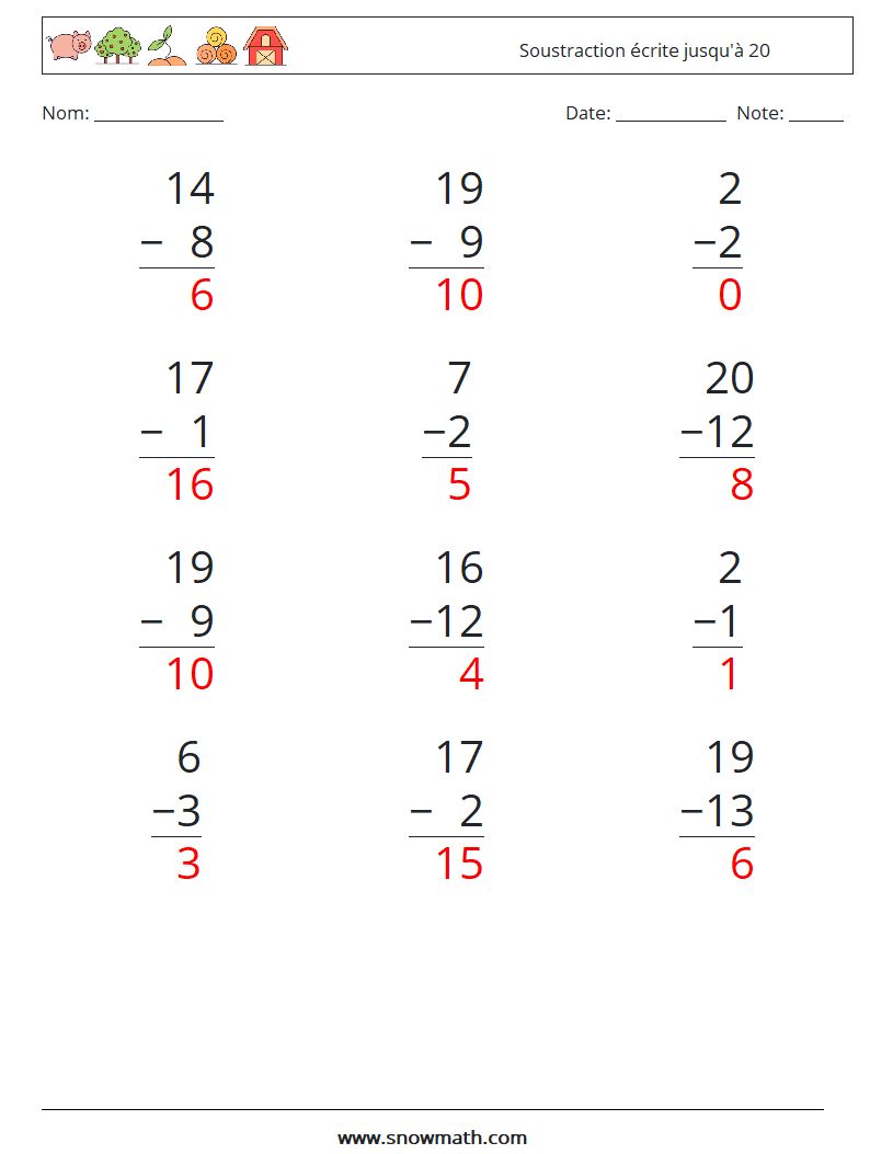 (12) Soustraction écrite jusqu'à 20 Fiches d'Exercices de Mathématiques 9 Question, Réponse