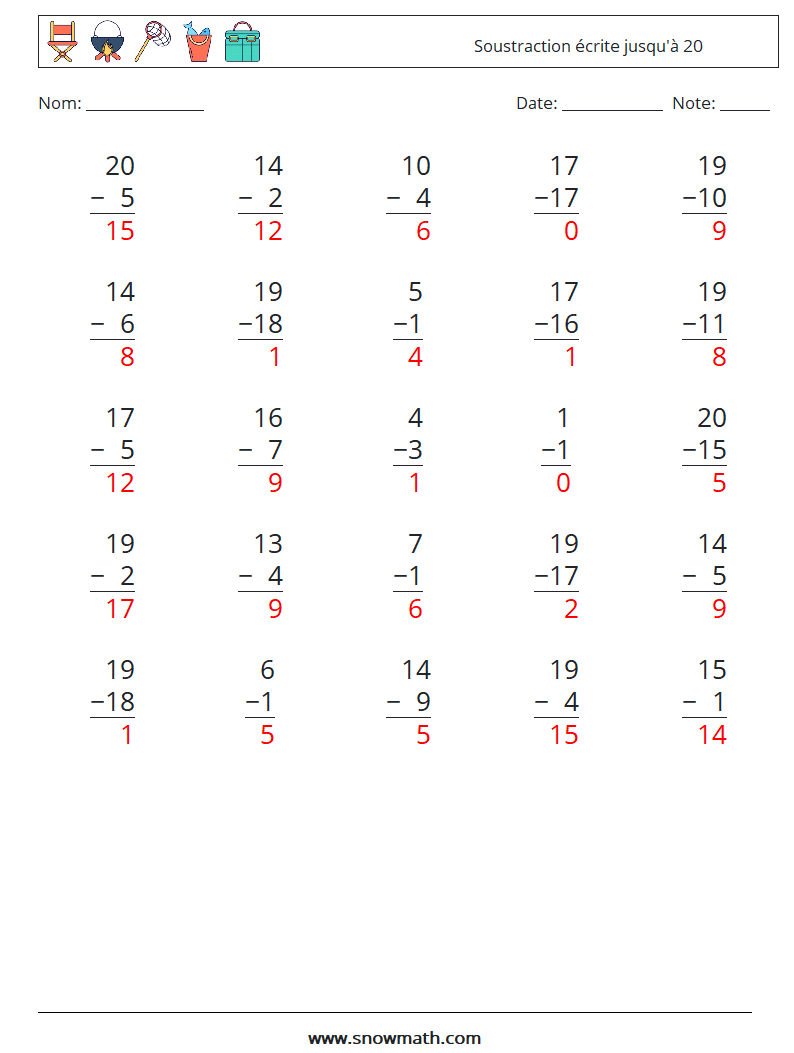 (25) Soustraction écrite jusqu'à 20 Fiches d'Exercices de Mathématiques 11 Question, Réponse