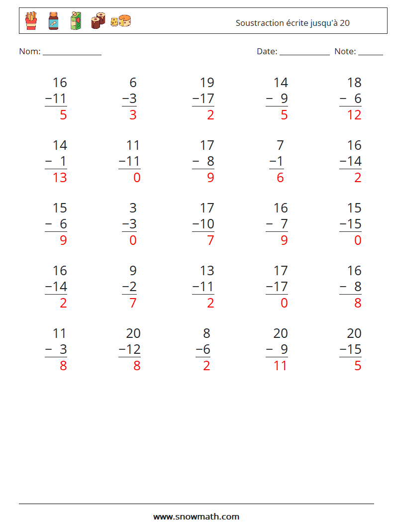 (25) Soustraction écrite jusqu'à 20 Fiches d'Exercices de Mathématiques 12 Question, Réponse