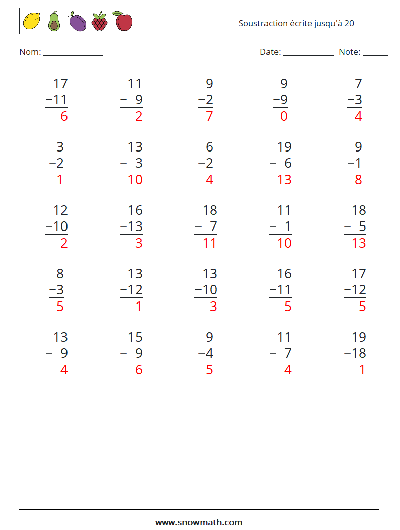 (25) Soustraction écrite jusqu'à 20 Fiches d'Exercices de Mathématiques 14 Question, Réponse