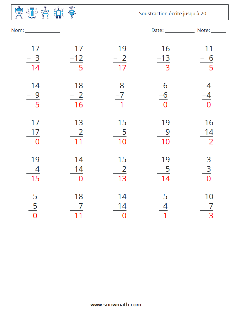 (25) Soustraction écrite jusqu'à 20 Fiches d'Exercices de Mathématiques 16 Question, Réponse