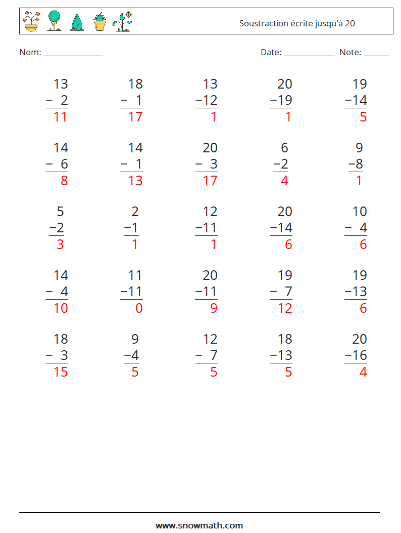 (25) Soustraction écrite jusqu'à 20 Fiches d'Exercices de Mathématiques 17 Question, Réponse