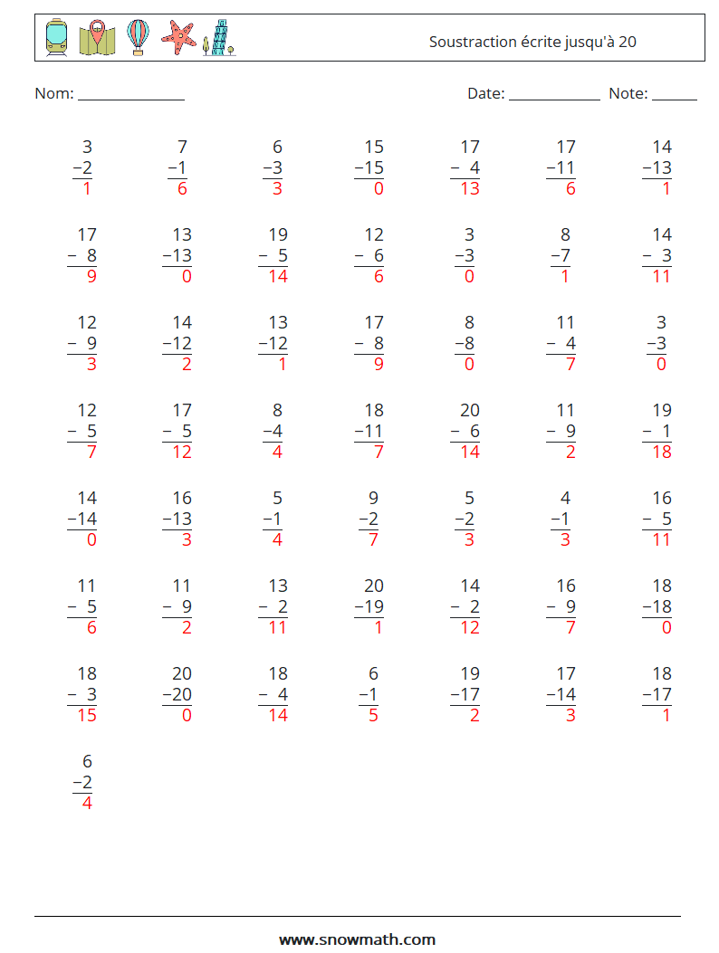 (50) Soustraction écrite jusqu'à 20 Fiches d'Exercices de Mathématiques 12 Question, Réponse