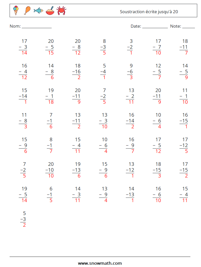 (50) Soustraction écrite jusqu'à 20 Fiches d'Exercices de Mathématiques 17 Question, Réponse