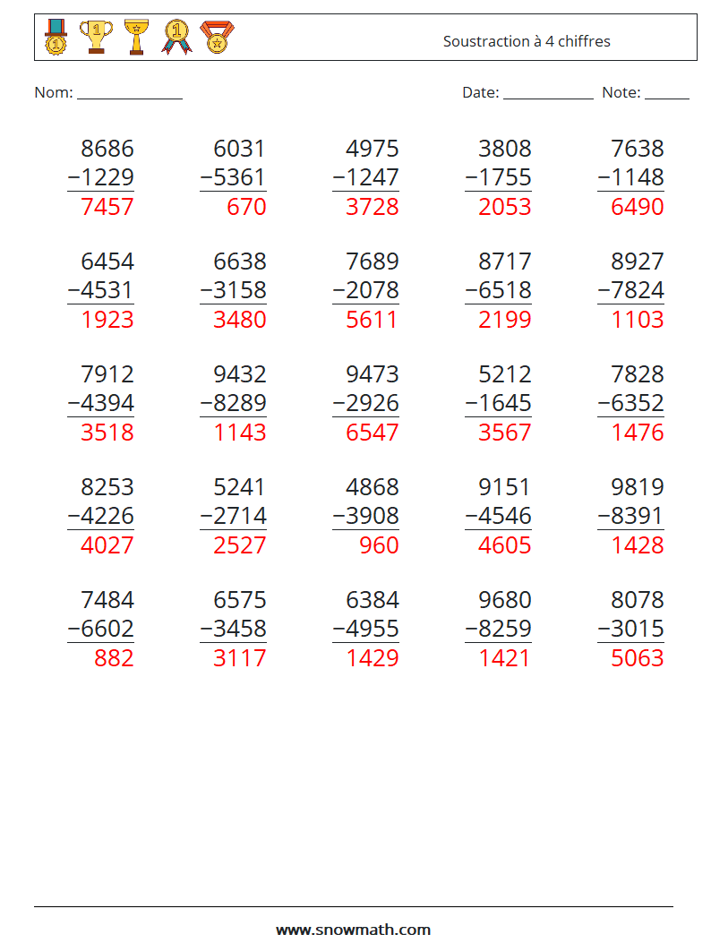(25) Soustraction à 4 chiffres Fiches d'Exercices de Mathématiques 10 Question, Réponse