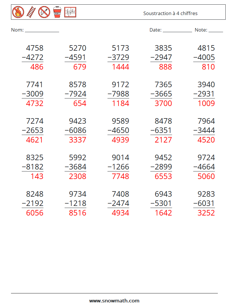 (25) Soustraction à 4 chiffres Fiches d'Exercices de Mathématiques 12 Question, Réponse