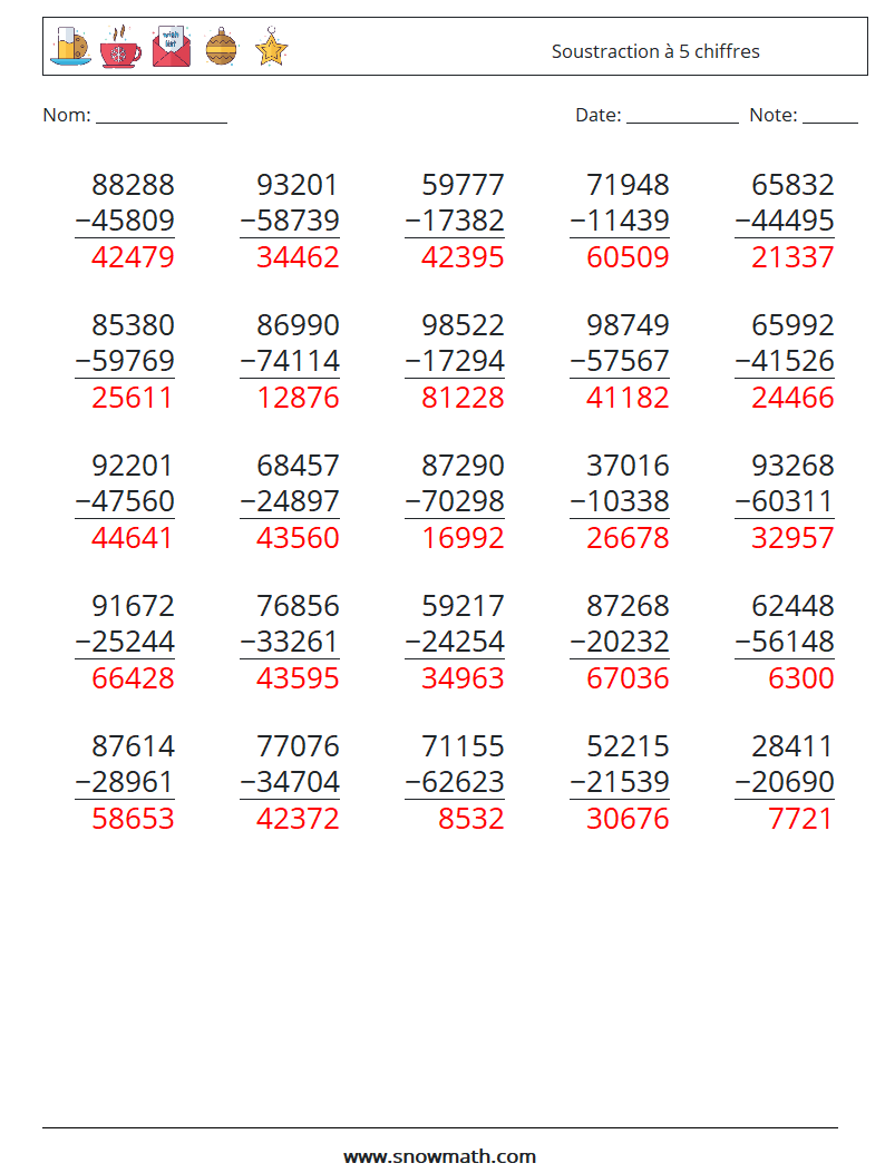 (25) Soustraction à 5 chiffres Fiches d'Exercices de Mathématiques 13 Question, Réponse