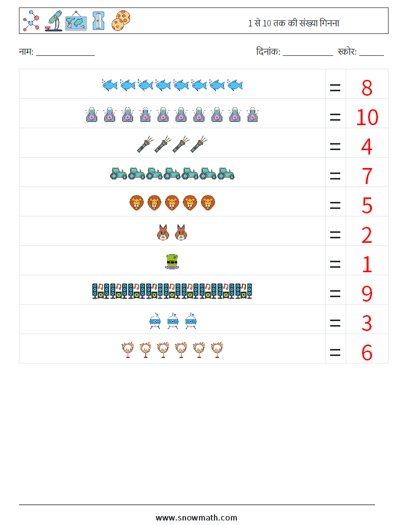 1 से 10 तक की संख्या गिनना गणित कार्यपत्रक 17 प्रश्न, उत्तर