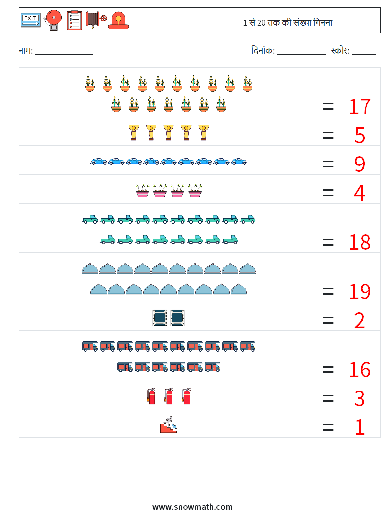 1 से 20 तक की संख्या गिनना गणित कार्यपत्रक 18 प्रश्न, उत्तर