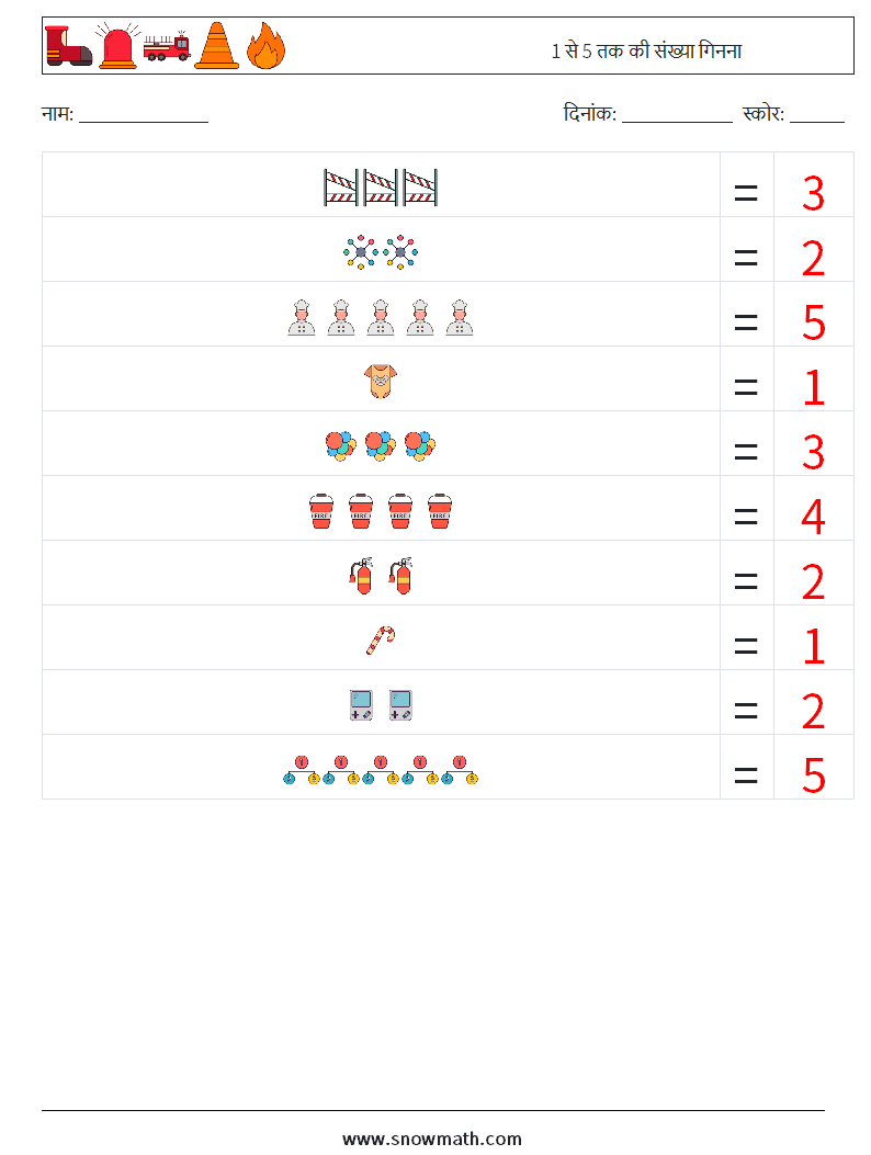 1 से 5 तक की संख्या गिनना गणित कार्यपत्रक 11 प्रश्न, उत्तर