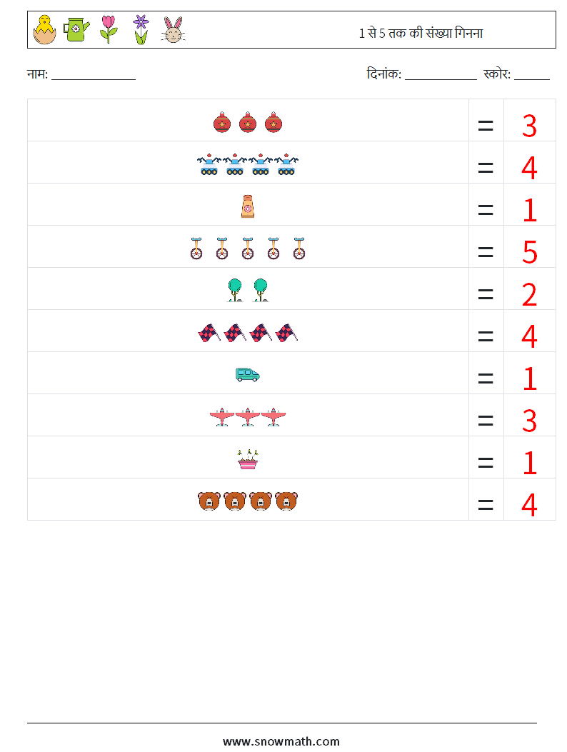1 से 5 तक की संख्या गिनना गणित कार्यपत्रक 15 प्रश्न, उत्तर