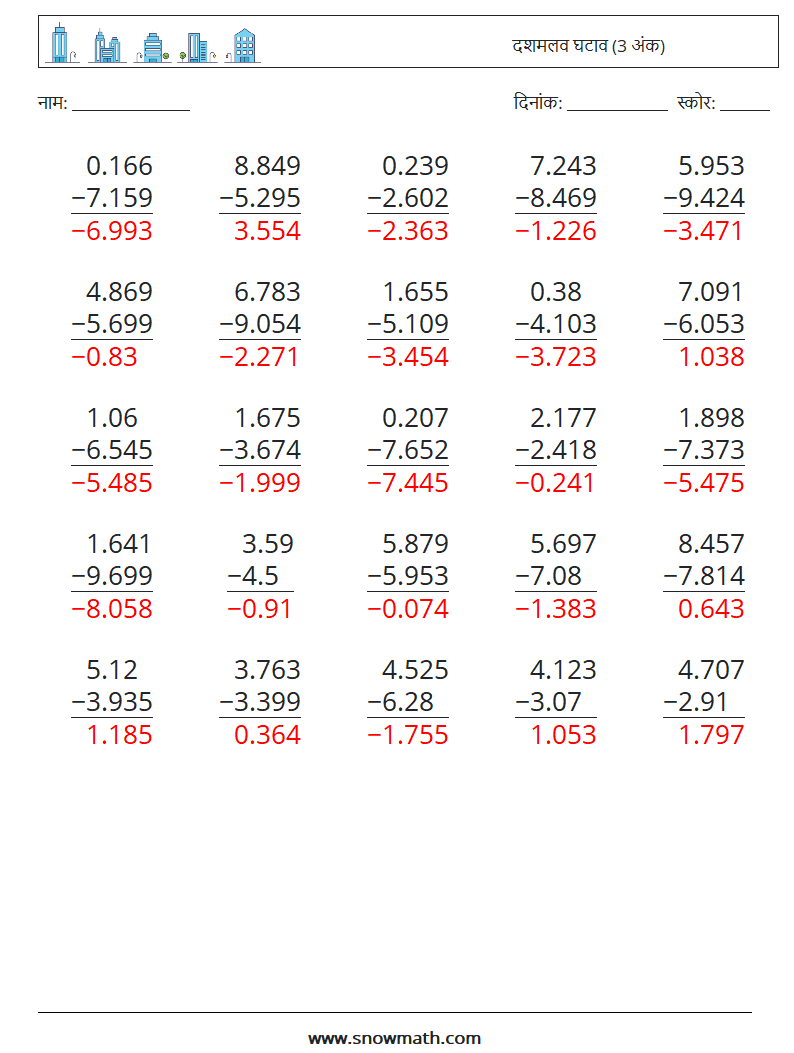 (25) दशमलव घटाव (3 अंक) गणित कार्यपत्रक 17 प्रश्न, उत्तर