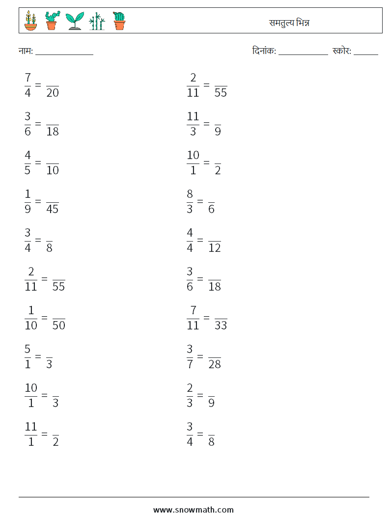(20) समतुल्य भिन्न गणित कार्यपत्रक 9
