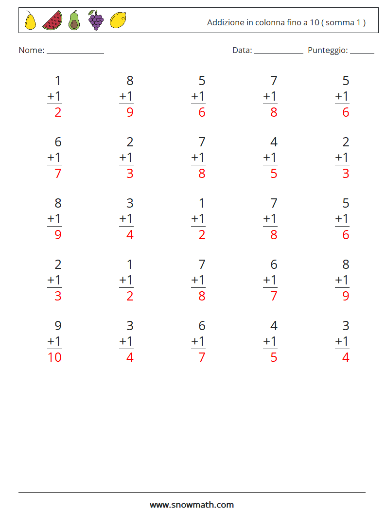 (25) Addizione in colonna fino a 10 ( somma 1 ) Fogli di lavoro di matematica 1 Domanda, Risposta